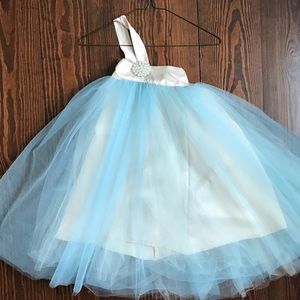 Handmade one shoulder blue and cream tool dress